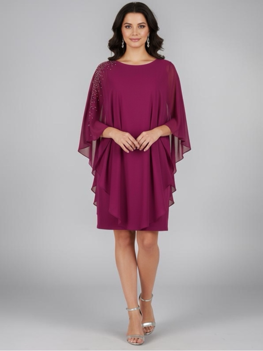 Fuchsia Cape Mini Dress With Bead Accents
